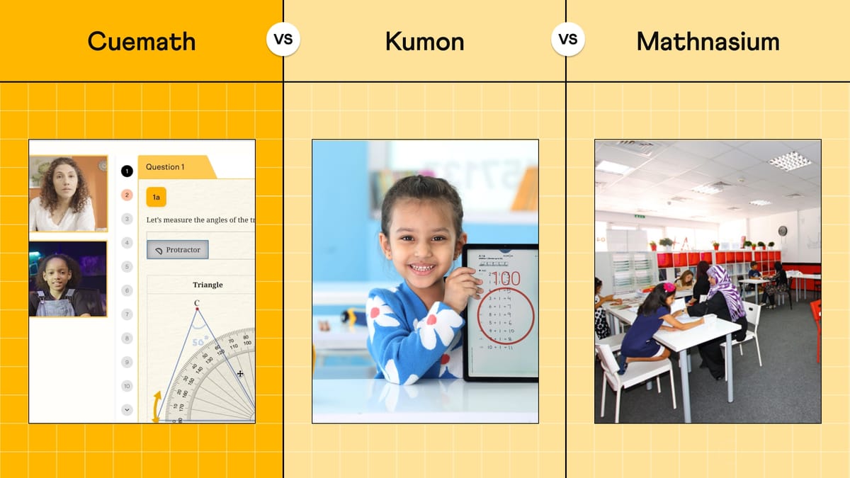 Image comparing classrooms of Cuemath, Kumon, and Mathnasium
