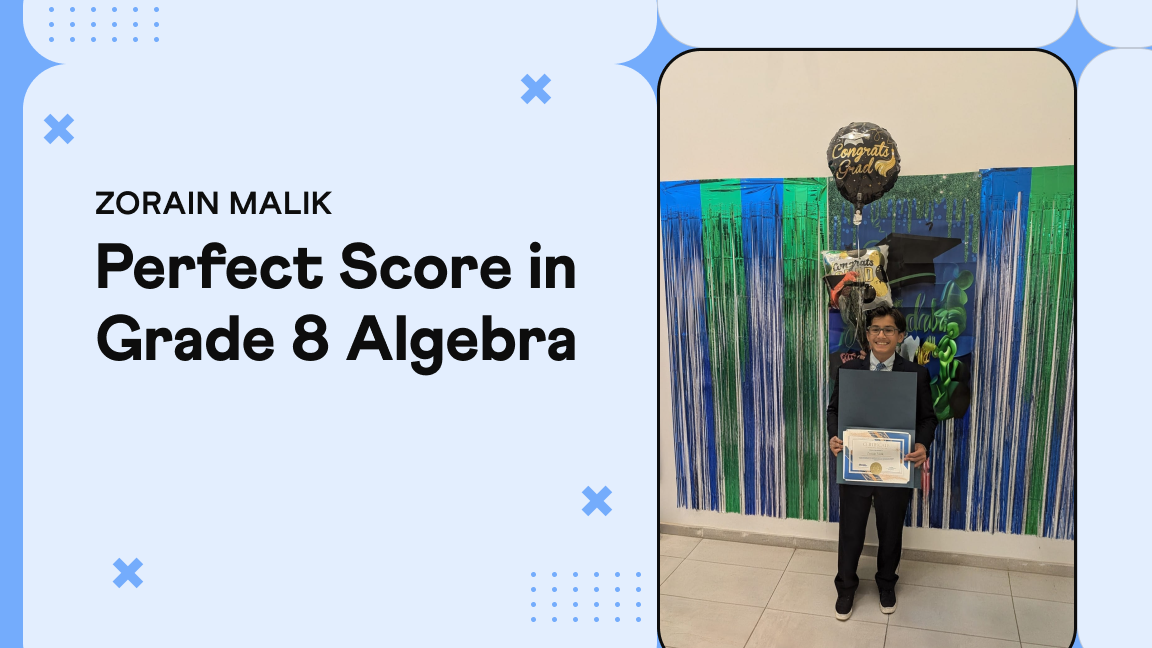 Zorain Malik, Grade 8 Common Core Algebra perfect 100% score, Cuemath student