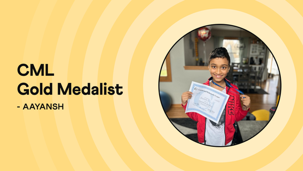 Aayansh with Continental Mathematics League gold medal, Grade 2 Cuemath student USA